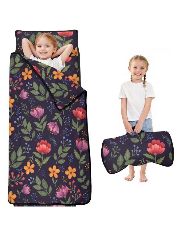 Pioneer Flower Floral Print Pattern Toddler Nap Mat for Teens Preschool Daycare, Teens Sleeping Mat Bag, Toddler Sleeping Bag with Pillow