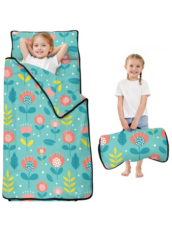 Pioneer Flower Floral Print Pattern Toddler Nap Mat for Teens Preschool Daycare, Teens Sleeping Mat Bag, Toddler Sleeping Bag with Pillow