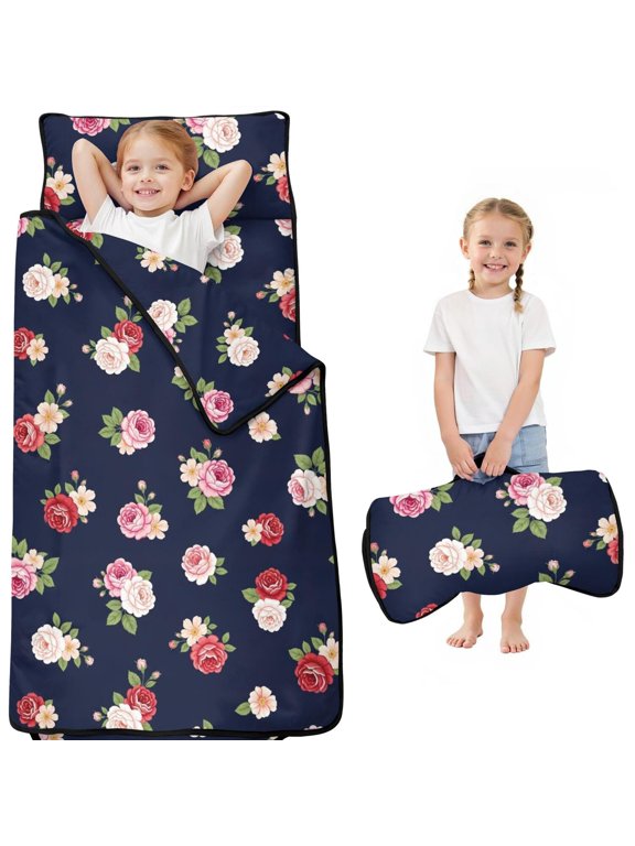 Pioneer Flower Floral Print Pattern Toddler Nap Mat for Teens Preschool Daycare, Teens Sleeping Mat Bag, Toddler Sleeping Bag with Pillow