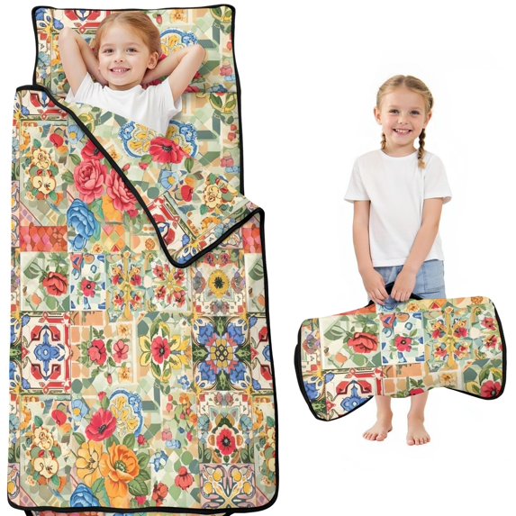 Pioneer Flower Floral Print Pattern Toddler Nap Mat for Teens Preschool Daycare, Teens Sleeping Mat Bag, Toddler Sleeping Bag with Pillow