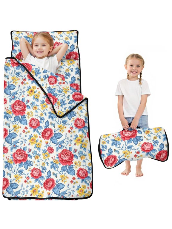 Pioneer Flower Floral Print Pattern Toddler Nap Mat for Teens Preschool Daycare, Teens Sleeping Mat Bag, Toddler Sleeping Bag with Pillow