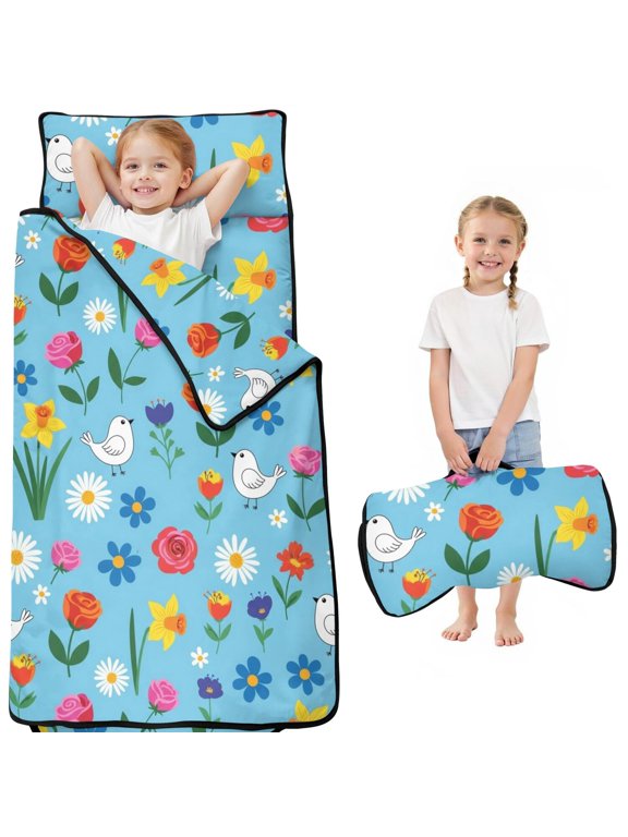 Pioneer Flower Floral Print Pattern Toddler Nap Mat for Teens Preschool Daycare, Teens Sleeping Mat Bag, Toddler Sleeping Bag with Pillow