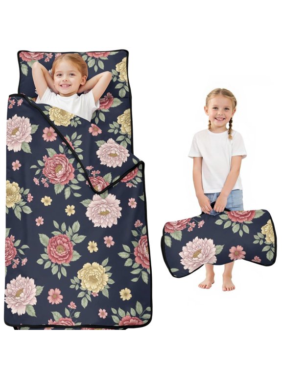 Pioneer Flower Floral Print Pattern Toddler Nap Mat for Teens Preschool Daycare, Teens Sleeping Mat Bag, Toddler Sleeping Bag with Pillow