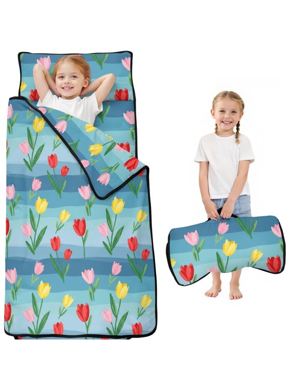 Pioneer Flower Floral Print Pattern Toddler Nap Mat for Teens Preschool Daycare, Teens Sleeping Mat Bag, Toddler Sleeping Bag with Pillow