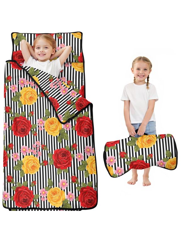Pioneer Flower Floral Print Pattern Toddler Nap Mat for Teens Preschool Daycare, Teens Sleeping Mat Bag, Toddler Sleeping Bag with Pillow