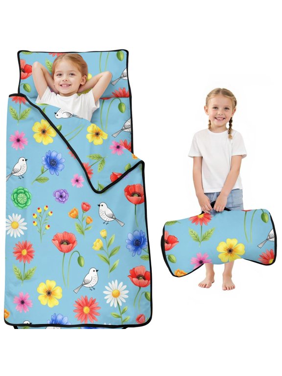 Pioneer Flower Floral Print Pattern Toddler Nap Mat for Teens Preschool Daycare, Teens Sleeping Mat Bag, Toddler Sleeping Bag with Pillow