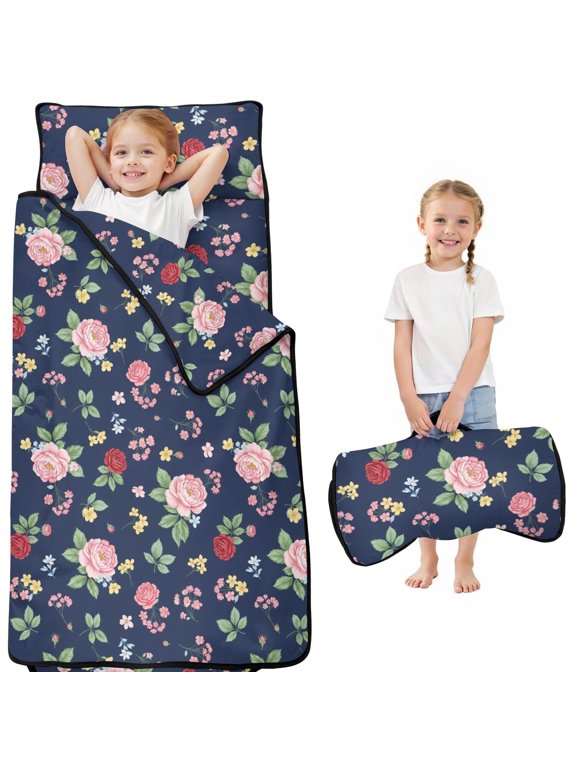 Pioneer Flower Floral Print Pattern Toddler Nap Mat for Teens Preschool Daycare, Teens Sleeping Mat Bag, Toddler Sleeping Bag with Pillow