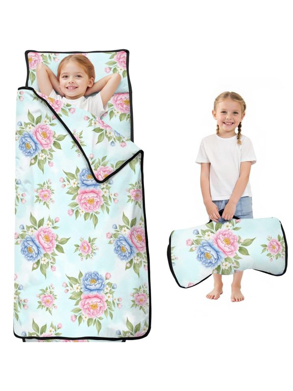 Pioneer Flower Floral Print Pattern Toddler Nap Mat for Teens Preschool Daycare, Teens Sleeping Mat Bag, Toddler Sleeping Bag with Pillow