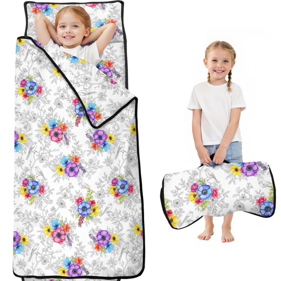 Pioneer Flower Floral Print Pattern Toddler Nap Mat for Teens Preschool Daycare, Teens Sleeping Mat Bag, Toddler Sleeping Bag with Pillow