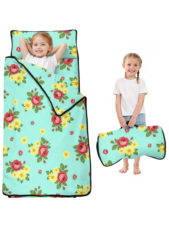 Pioneer Flower Floral Print Pattern Toddler Nap Mat for Teens Preschool Daycare, Teens Sleeping Mat Bag, Toddler Sleeping Bag with Pillow