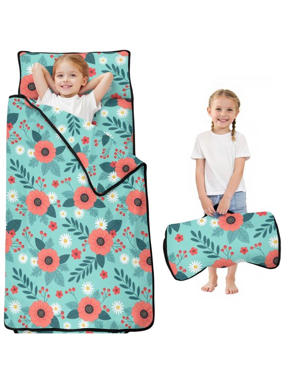 Pioneer Flower Floral Print Pattern Toddler Nap Mat for Teens Preschool Daycare, Teens Sleeping Mat Bag, Toddler Sleeping Bag with Pillow