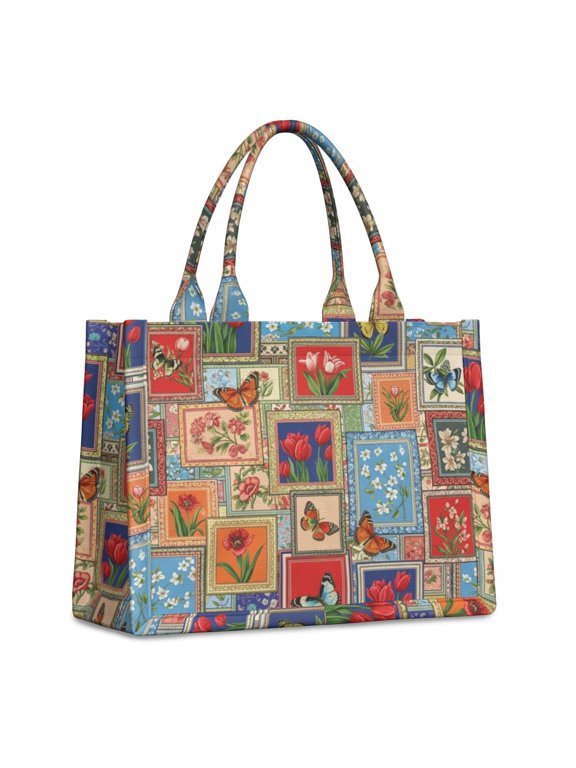 Pioneer Flower Floral Print Pattern Tote Bag, Travel Tote Purse with Interior Pockets & Top Handle, Smooth Zipper Gifts for Women Men,15.7 X 5.1 X 13 Inches