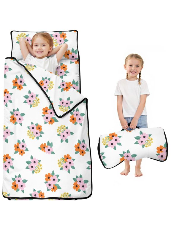 Pioneer Flower Floral Print Pattern Toddler Nap Mat for Teens Preschool Daycare, Teens Sleeping Mat Bag, Toddler Sleeping Bag with Pillow