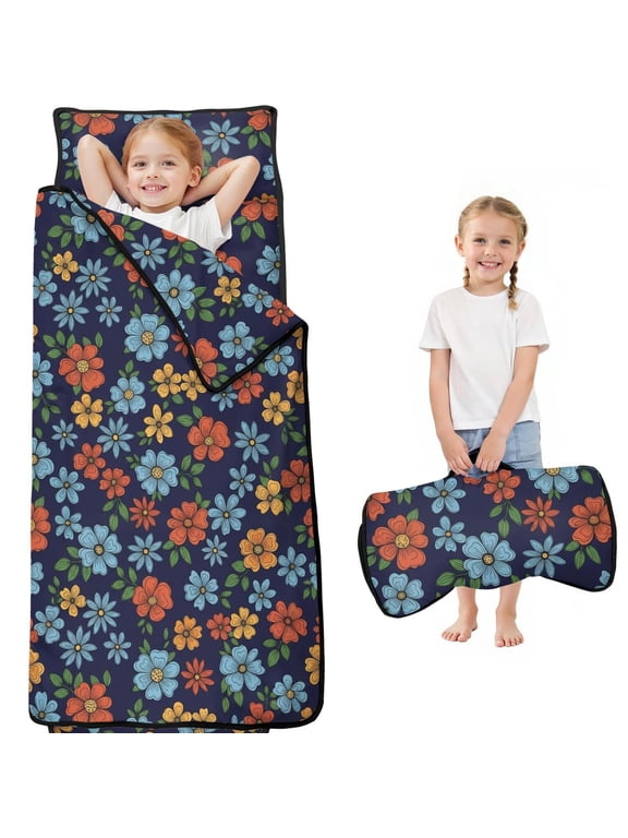 Pioneer Flower Floral Print Pattern Toddler Nap Mat for Teens Preschool Daycare, Teens Sleeping Mat Bag, Toddler Sleeping Bag with Pillow