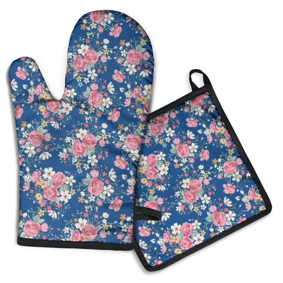 Pioneer Flower Kitchen Oven Mitt and Pot Holder Sets 2 Pcs for Baking, Cooking and Grilling, Heat Resistant Up To 392 °F