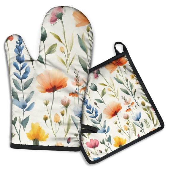 Pioneer Flower Kitchen Oven Mitt and Pot Holder Sets 2 Pcs for Baking, Cooking and Grilling, Heat Resistant Up To 392 °F
