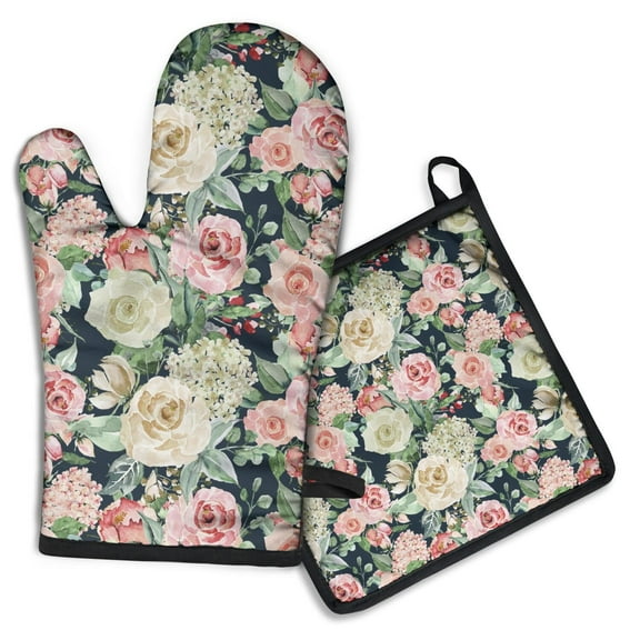 Pioneer Flower Kitchen Oven Mitt and Pot Holder Sets 2 Pcs for Baking, Cooking and Grilling, Heat Resistant Up To 392 °F