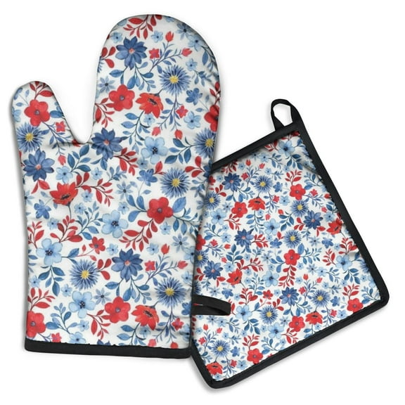 Pioneer Flower Kitchen Oven Mitt and Pot Holder Sets 2 Pcs for Baking, Cooking and Grilling, Heat Resistant Up To 392 °F