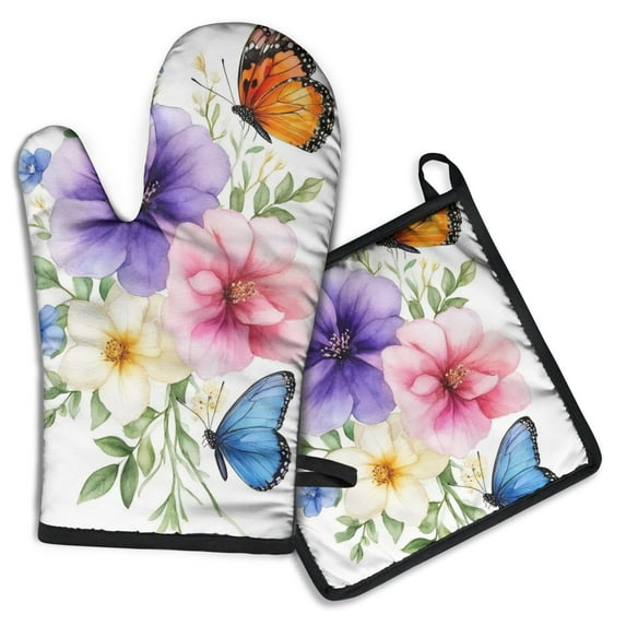 Pioneer Flower Kitchen Oven Mitt and Pot Holder Sets 2 Pcs for Baking, Cooking and Grilling, Heat Resistant Up To 392 °F