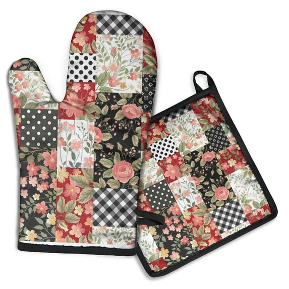 Pioneer Flower Kitchen Oven Mitt and Pot Holder Sets 2 Pcs for Baking, Cooking and Grilling, Heat Resistant Up To 392 °F