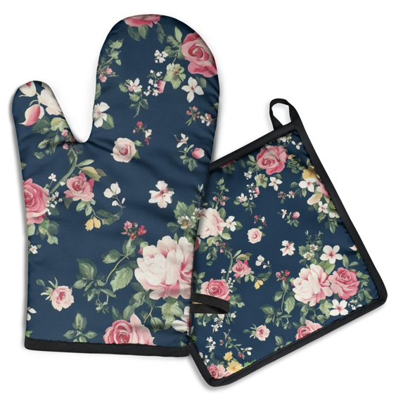 Pioneer Flower Kitchen Oven Mitt and Pot Holder Sets 2 Pcs for Baking, Cooking and Grilling, Heat Resistant Up To 392 °F