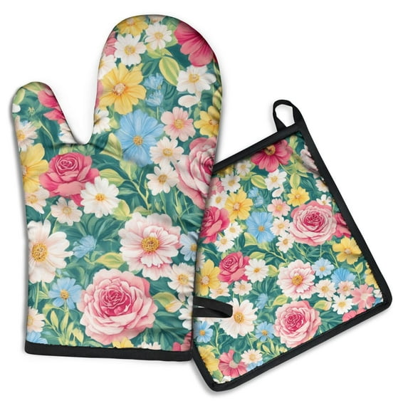 Pioneer Flower Kitchen Oven Mitt and Pot Holder Sets 2 Pcs for Baking, Cooking and Grilling, Heat Resistant Up To 392 °F