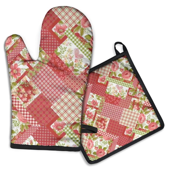 Pioneer Flower Kitchen Oven Mitt and Pot Holder Sets 2 Pcs for Baking, Cooking and Grilling, Heat Resistant Up To 392 °F
