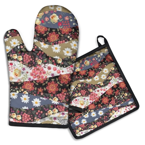 Pioneer Flower Kitchen Oven Mitt and Pot Holder Sets 2 Pcs for Baking, Cooking and Grilling, Heat Resistant Up To 392 °F