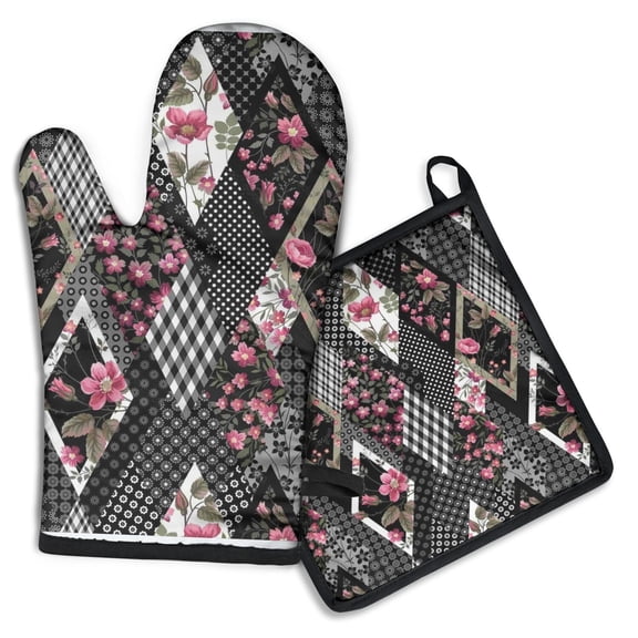 Pioneer Flower Kitchen Oven Mitt and Pot Holder Sets 2 Pcs for Baking, Cooking and Grilling, Heat Resistant Up To 392 °F