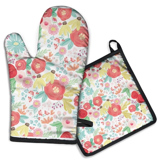 Pioneer Flower Kitchen Oven Mitt and Pot Holder Sets 2 Pcs for Baking, Cooking and Grilling, Heat Resistant Up To 392 °F