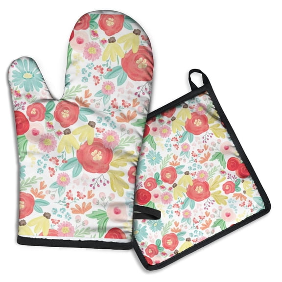 Pioneer Flower Kitchen Oven Mitt and Pot Holder Sets 2 Pcs for Baking, Cooking and Grilling, Heat Resistant Up To 392 °F