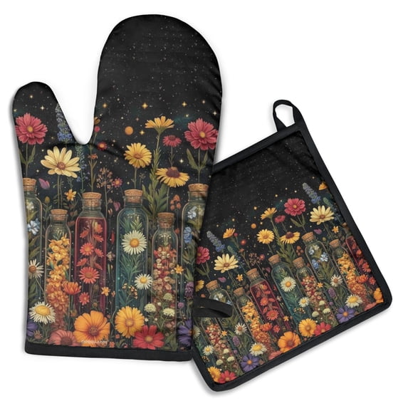 Pioneer Flower Kitchen Oven Mitt and Pot Holder Sets 2 Pcs for Baking, Cooking and Grilling, Heat Resistant Up To 392 °F