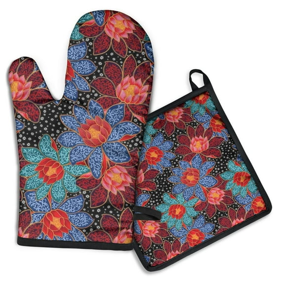 Pioneer Flower Kitchen Oven Mitt and Pot Holder Sets 2 Pcs for Baking, Cooking and Grilling, Heat Resistant Up To 392 °F
