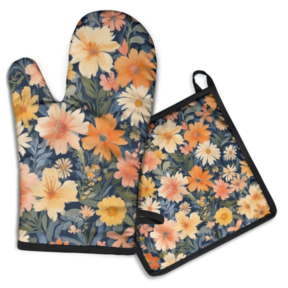 Pioneer Flower Kitchen Oven Mitt and Pot Holder Sets 2 Pcs for Baking, Cooking and Grilling, Heat Resistant Up To 392 °F