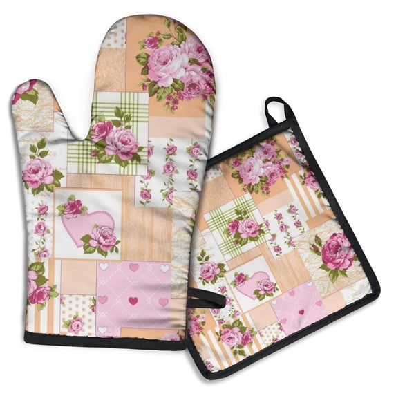 Pioneer Flower Kitchen Oven Mitt and Pot Holder Sets 2 Pcs for Baking, Cooking and Grilling, Heat Resistant Up To 392 °F