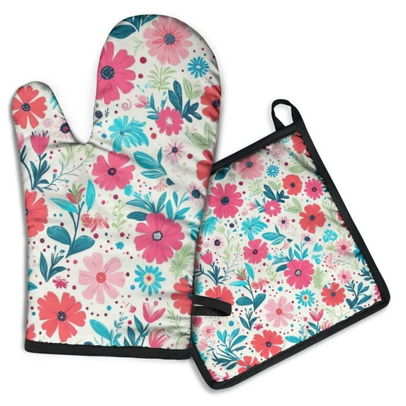 Pioneer Flower Kitchen Oven Mitt and Pot Holder Sets 2 Pcs for Baking, Cooking and Grilling, Heat Resistant Up To 392 °F