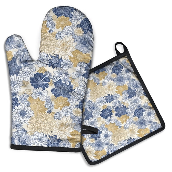 Pioneer Flower Kitchen Oven Mitt and Pot Holder Sets 2 Pcs for Baking, Cooking and Grilling, Heat Resistant Up To 392 °F