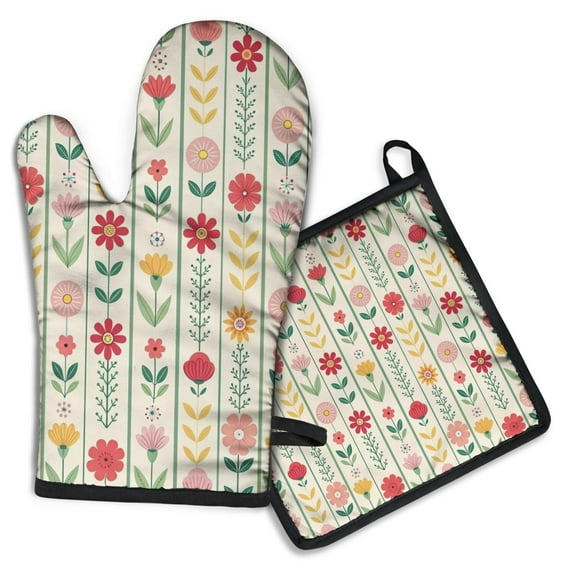 Pioneer Flower Kitchen Oven Mitt and Pot Holder Sets 2 Pcs for Baking, Cooking and Grilling, Heat Resistant Up To 392 °F