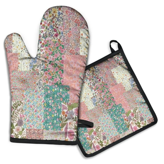 Pioneer Flower Kitchen Oven Mitt and Pot Holder Sets 2 Pcs for Baking, Cooking and Grilling, Heat Resistant Up To 392 °F