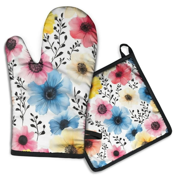 Pioneer Flower Kitchen Oven Mitt and Pot Holder Sets 2 Pcs for Baking, Cooking and Grilling, Heat Resistant Up To 392 °F