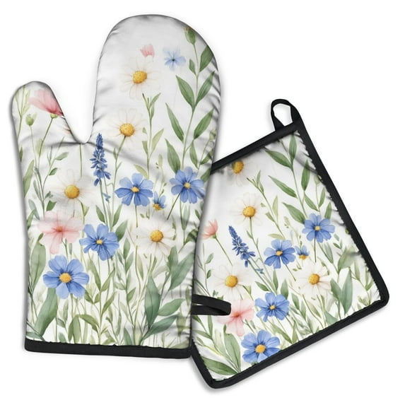 Pioneer Flower Kitchen Oven Mitt and Pot Holder Sets 2 Pcs for Baking, Cooking and Grilling, Heat Resistant Up To 392 °F