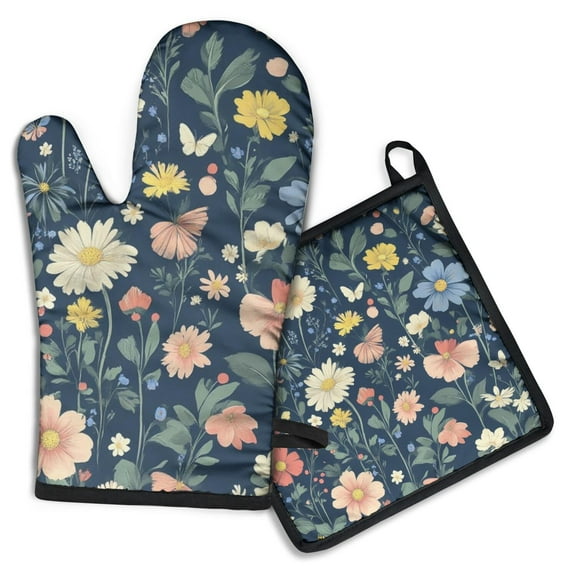 Pioneer Flower Kitchen Oven Mitt and Pot Holder Sets 2 Pcs for Baking, Cooking and Grilling, Heat Resistant Up To 392 °F