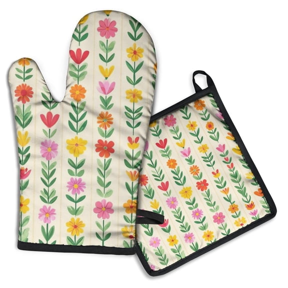 Pioneer Flower Kitchen Oven Mitt and Pot Holder Sets 2 Pcs for Baking, Cooking and Grilling, Heat Resistant Up To 392 °F