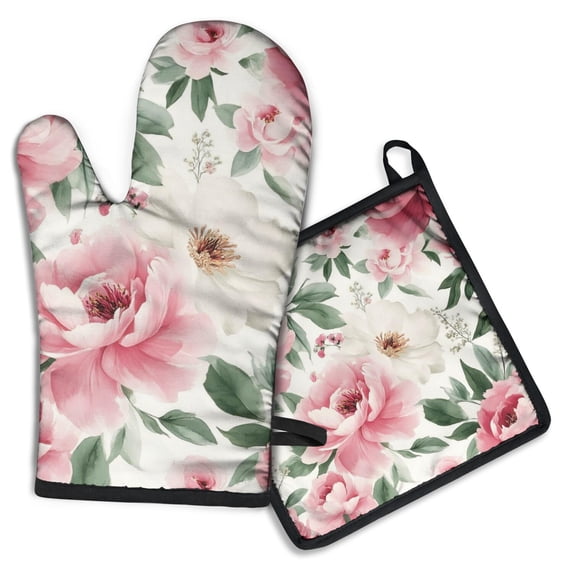 Pioneer Flower Kitchen Oven Mitt and Pot Holder Sets 2 Pcs for Baking, Cooking and Grilling, Heat Resistant Up To 392 °F