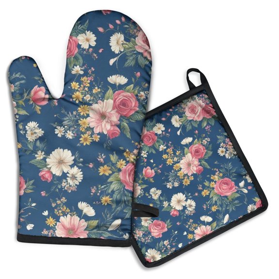 Pioneer Flower Kitchen Oven Mitt and Pot Holder Sets 2 Pcs for Baking, Cooking and Grilling, Heat Resistant Up To 392 °F