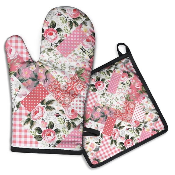 Pioneer Flower Kitchen Oven Mitt and Pot Holder Sets 2 Pcs for Baking, Cooking and Grilling, Heat Resistant Up To 392 °F