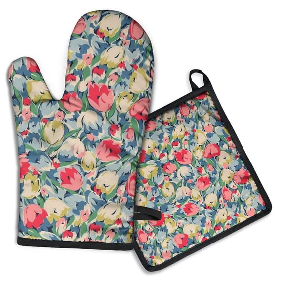 Pioneer Flower Kitchen Oven Mitt and Pot Holder Sets 2 Pcs for Baking, Cooking and Grilling, Heat Resistant Up To 392 °F