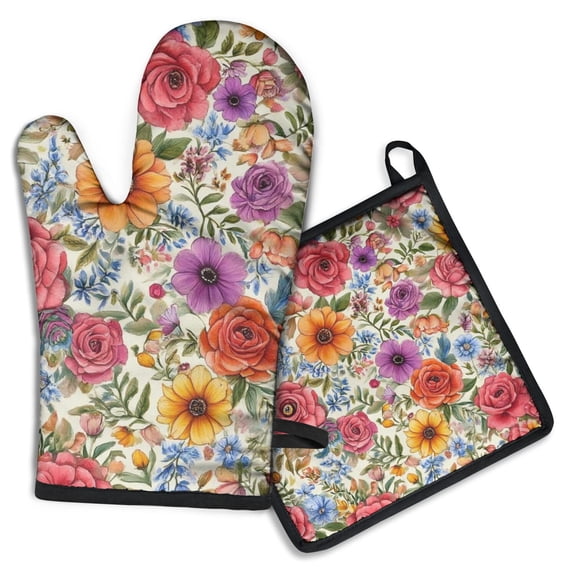 Pioneer Flower Kitchen Oven Mitt and Pot Holder Sets 2 Pcs for Baking, Cooking and Grilling, Heat Resistant Up To 392 °F