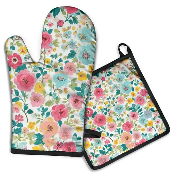 Pioneer Flower Kitchen Oven Mitt and Pot Holder Sets 2 Pcs for Baking, Cooking and Grilling, Heat Resistant Up To 392 °F