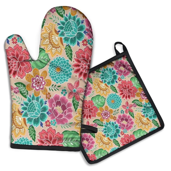 Pioneer Flower Kitchen Oven Mitt and Pot Holder Sets 2 Pcs for Baking, Cooking and Grilling, Heat Resistant Up To 392 °F